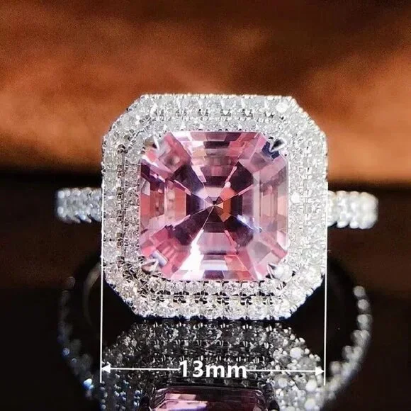 NEW 925 Sterling Silver Pink Diamond Ring Cushion Cut Halo Ring - Picture 6 of 7